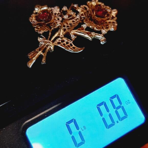 Vintage Floral Bouquet Brooch, Red Clear Rhinestones, Gold Tone, 2 3/4 Inches - Picture 7 of 7